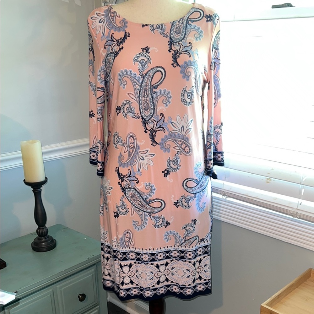 Sandra Darren Pink and Blue Paisley Print Bell Sleeve Sheath Dress Size Medium